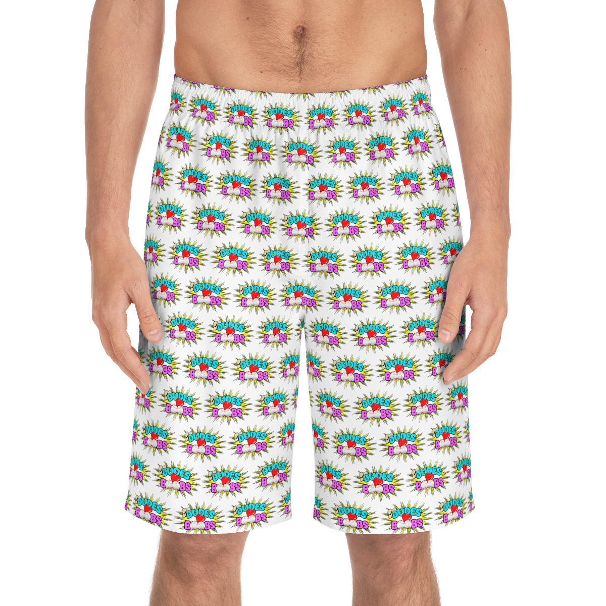 Men's Board Shorts (AOP), DUDES LOVE BOOBS brand-logo