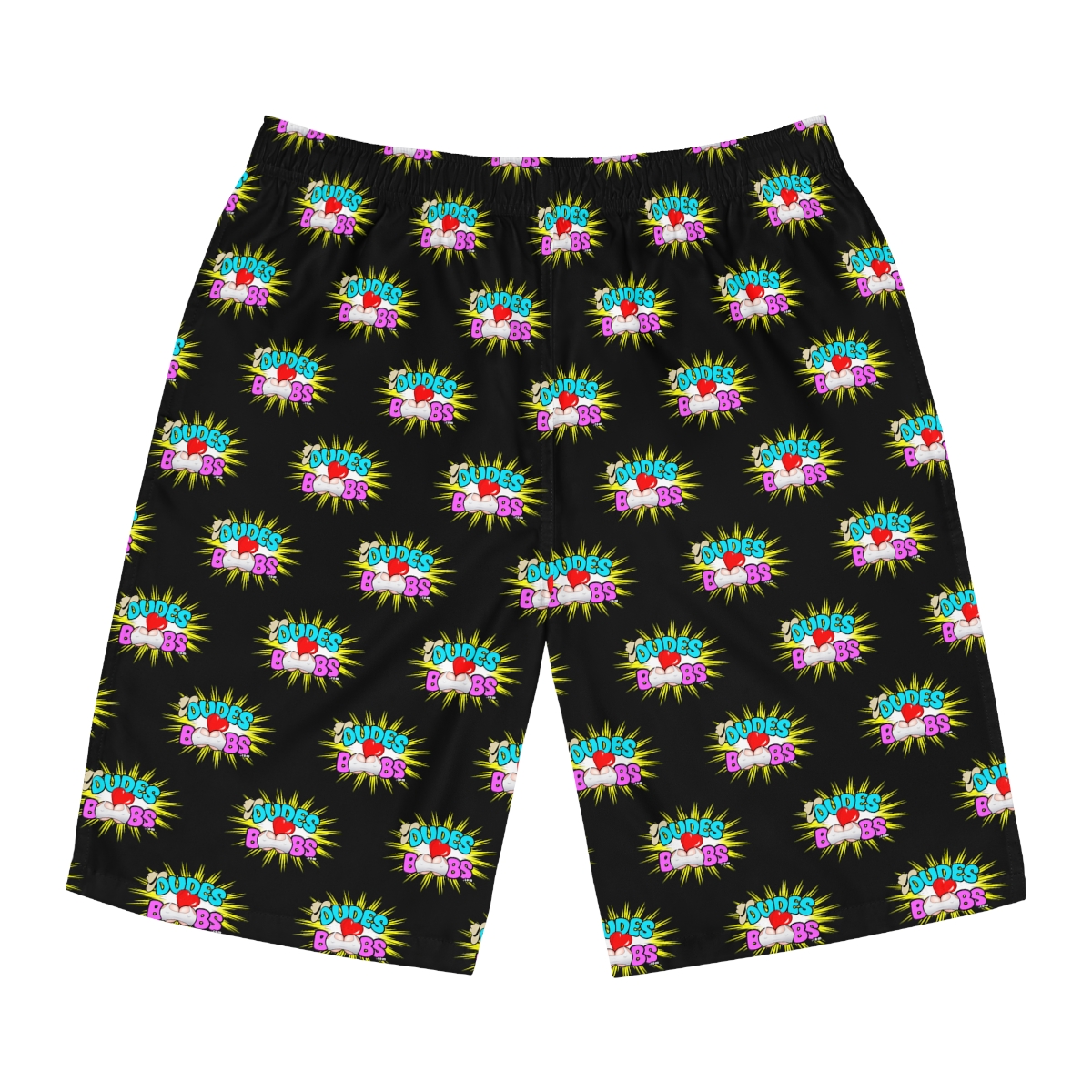 Men's Board Shorts (AOP), DUDES LOVE BOOBS brand-logo