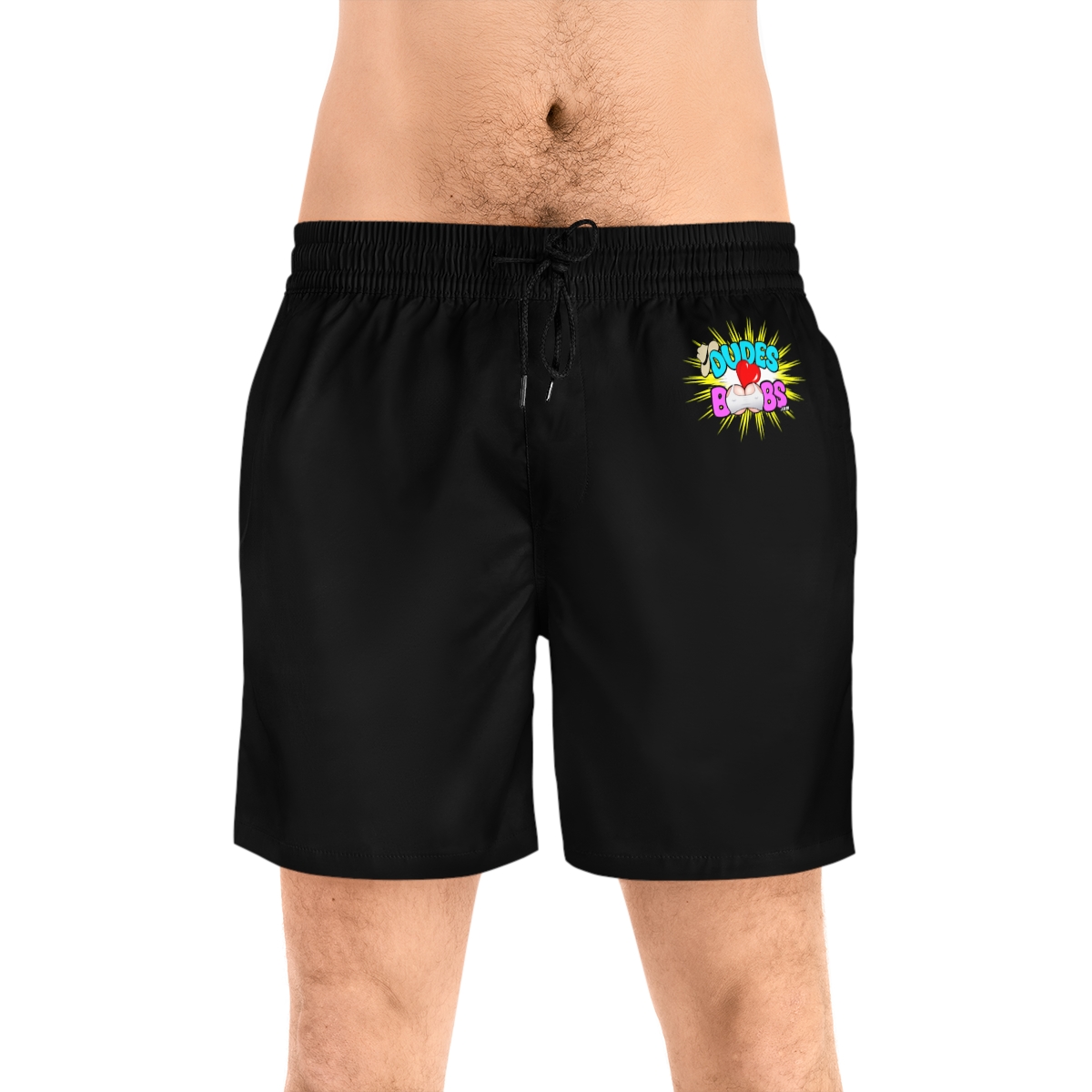 Men's Mid-Length Swim Shorts (AOP), black, DUDES LOVE BOOBS brand-logo