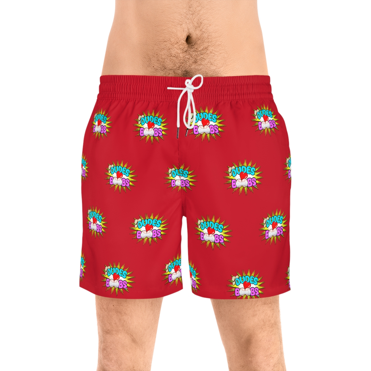 Men's Mid-Length Swim Shorts (AOP), DUDES LOVE BOOBS brand-logo
