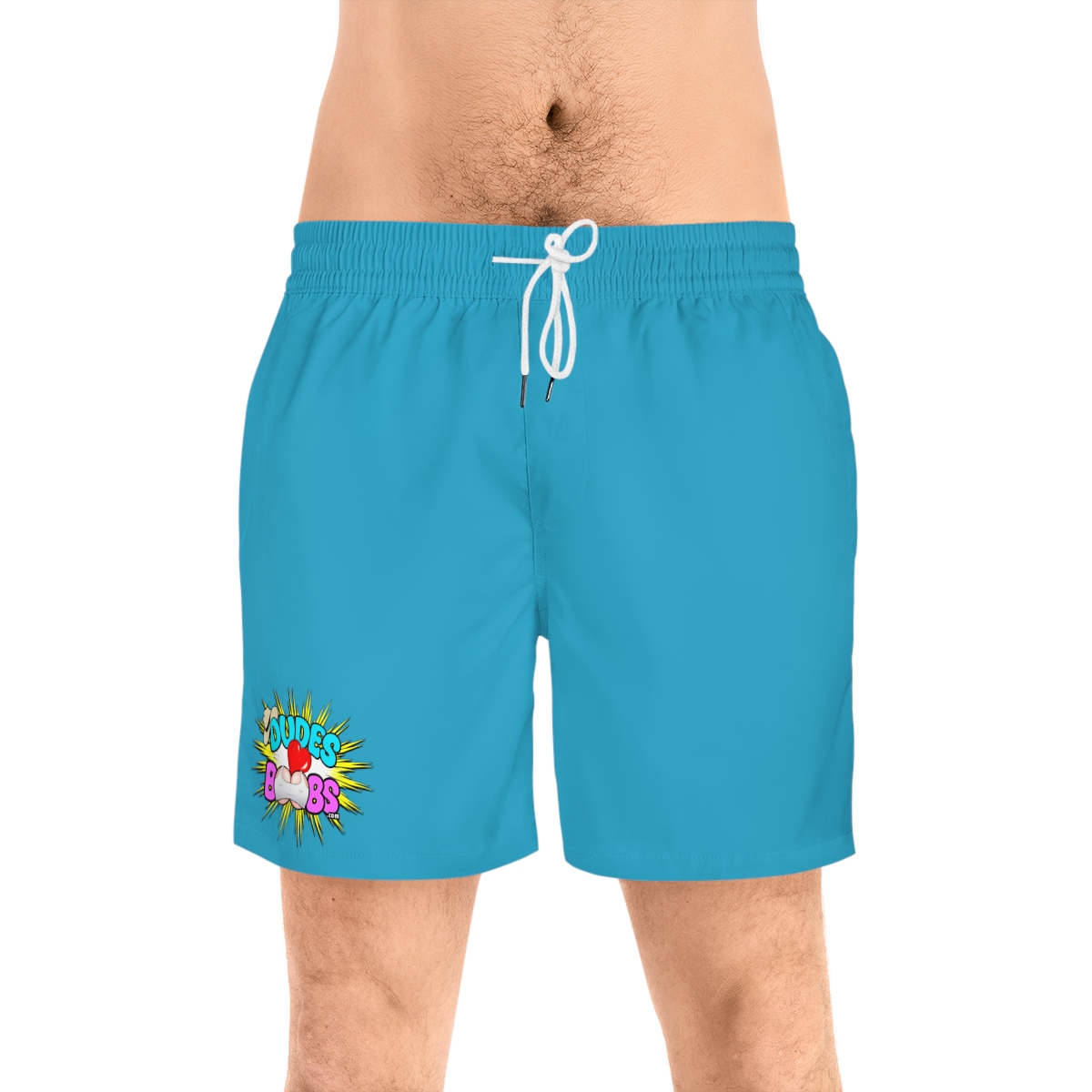 Men's Mid-Length Swim Shorts (AOP), turquoise, DUDES LOVE BOOBS brand-logo