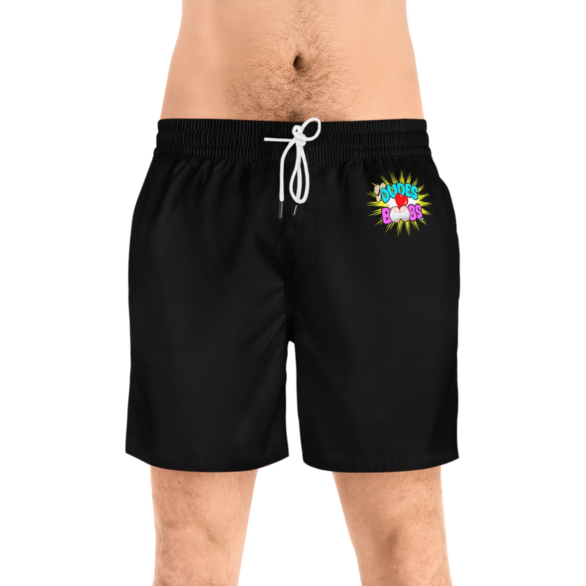 Men's Mid-Length Swim Shorts (AOP), black, DUDES LOVE BOOBS brand-logo - Image 9