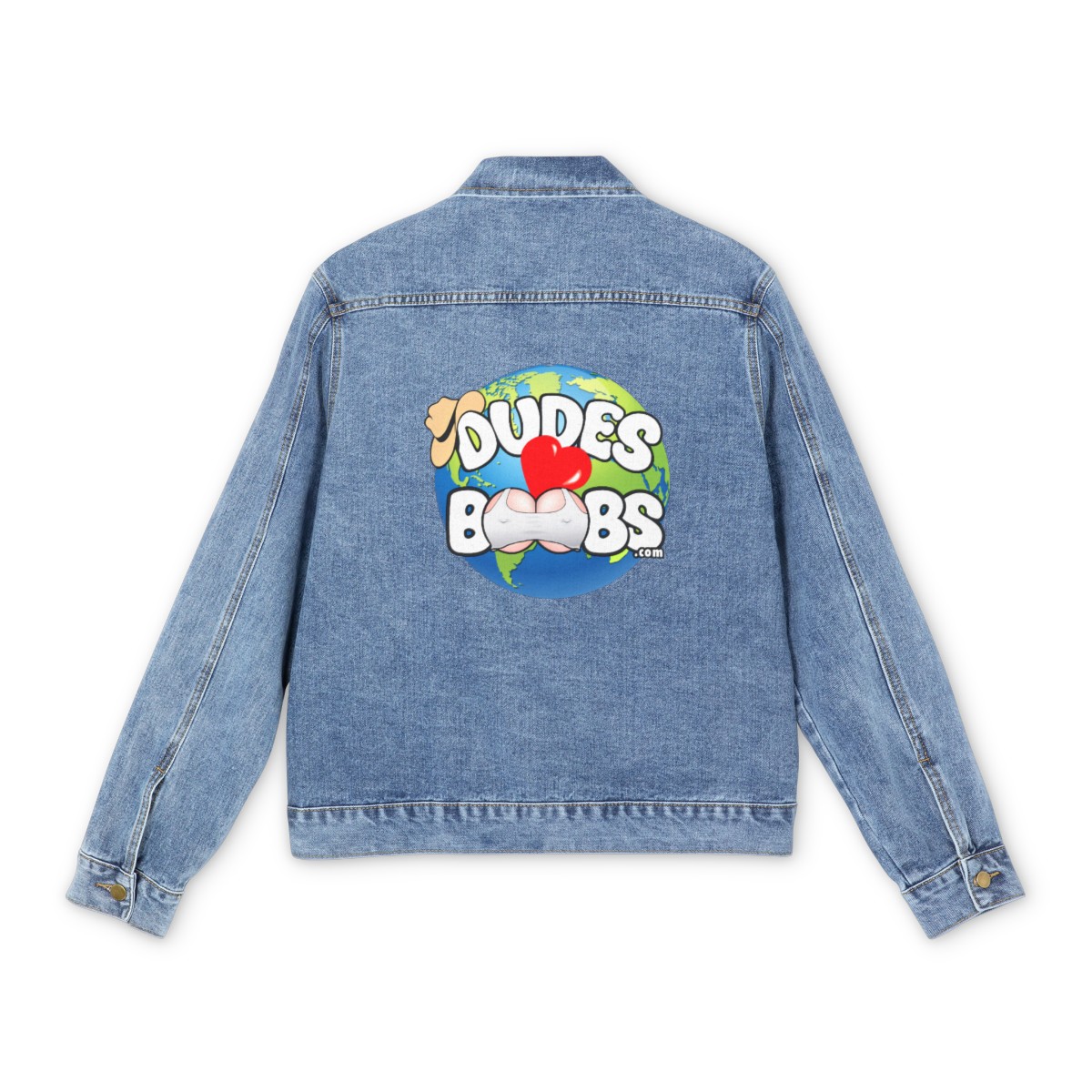 Men's Denim Jacket, DUDES LOVE BOOBS brand, earth logo - Image 2