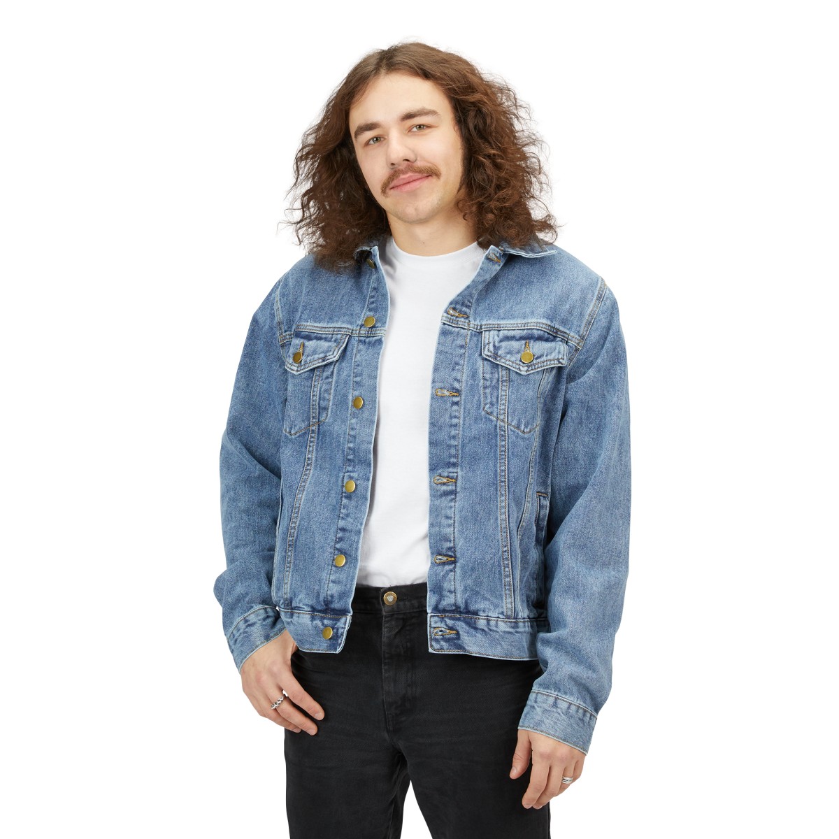 Men's Denim Jacket, DUDES LOVE BOOBS brand, earth logo - Image 3