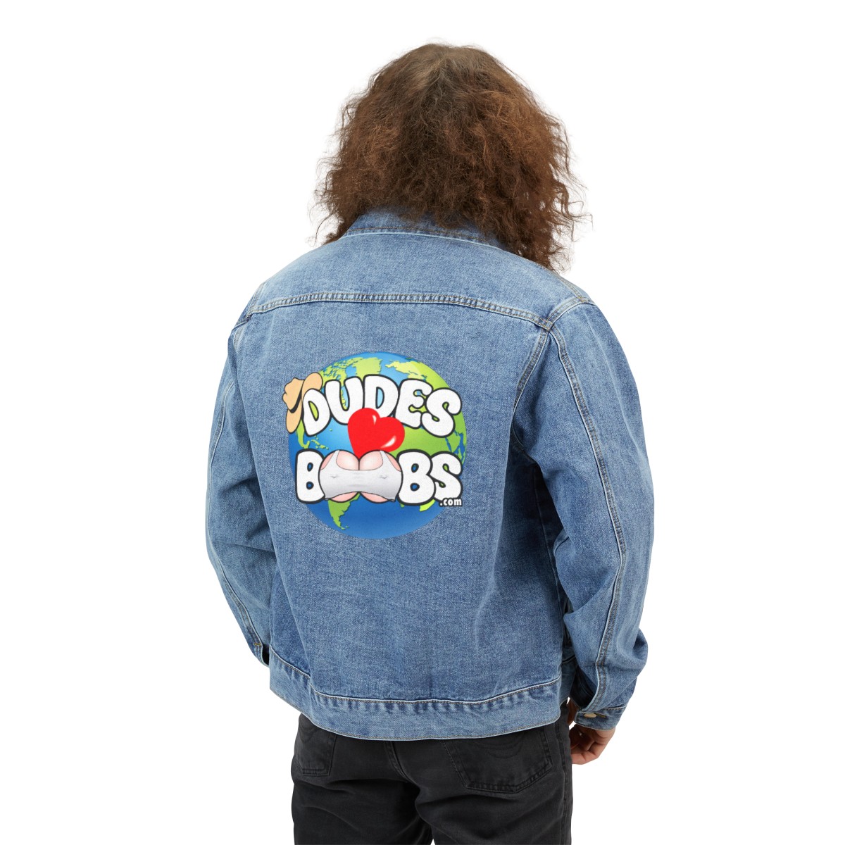 Men's Denim Jacket, DUDES LOVE BOOBS brand, earth logo