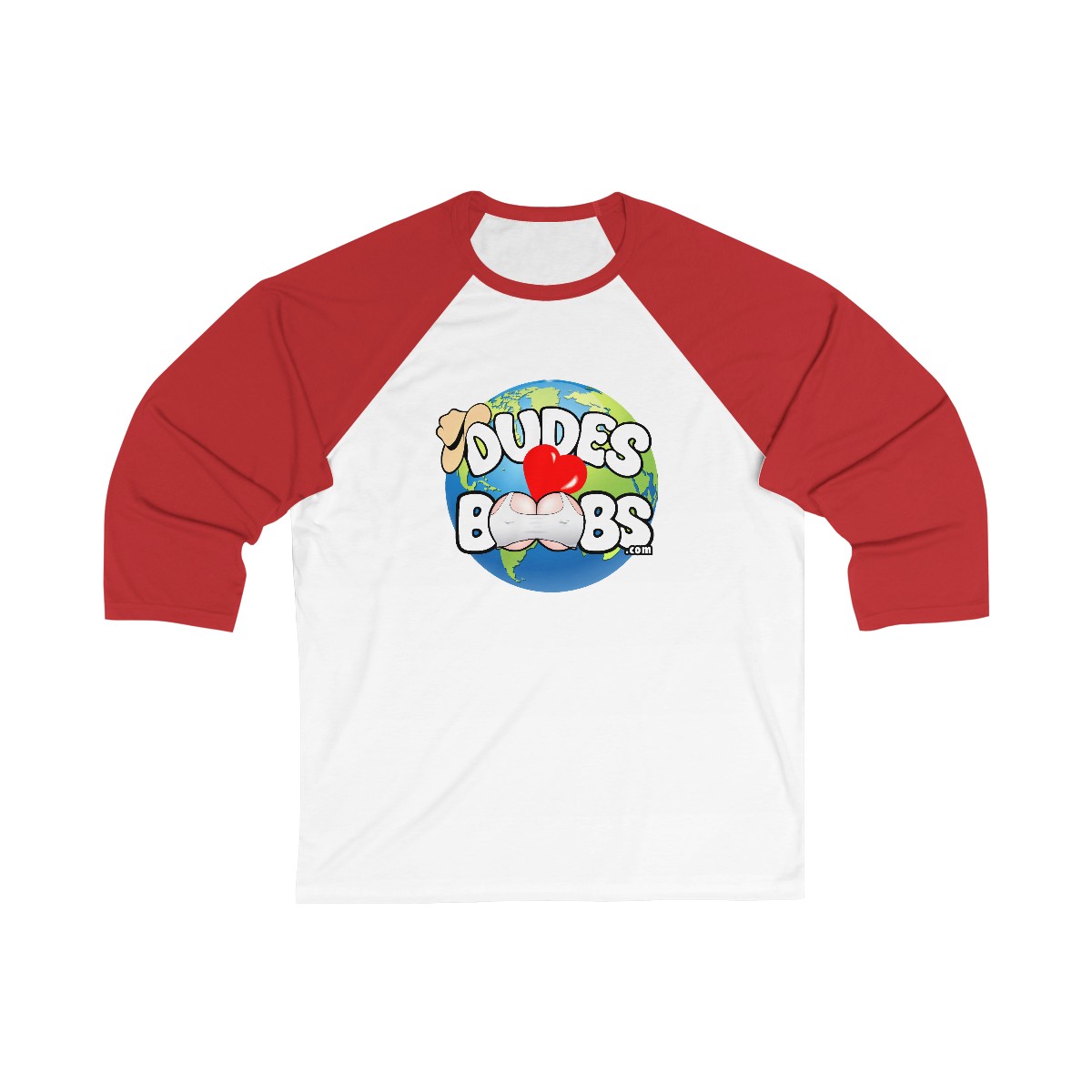 Unisex 34 Sleeve Baseball Tee, DUDES LOVE BOOBS brand, earth logo
