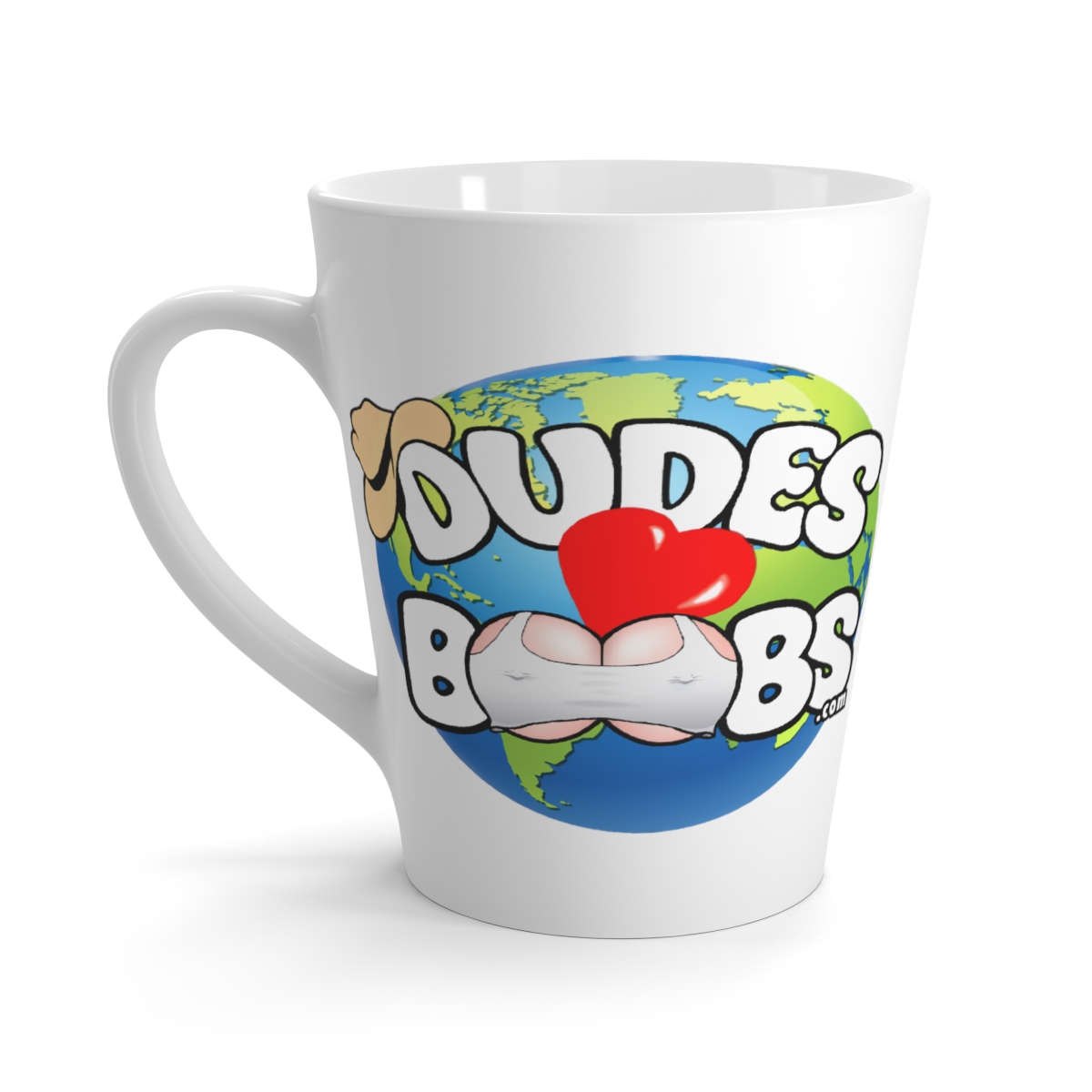 Latte Mug, DUDES LOVE BOOBS brand, earth logo