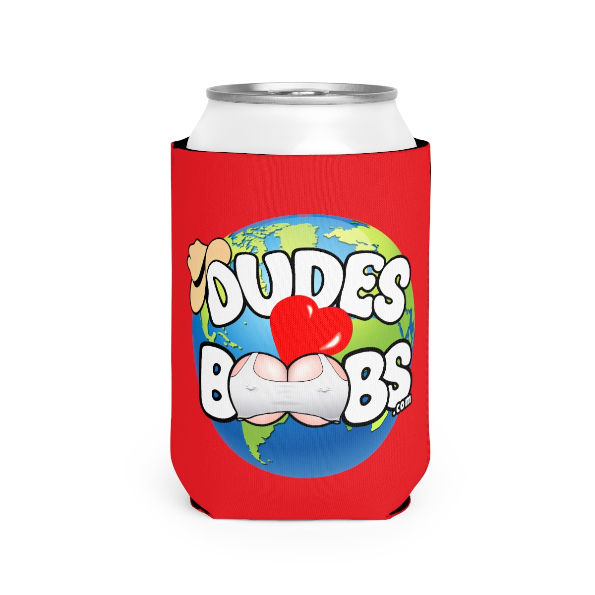 Can Cooler Sleeve, DUDES LOVE BOOBS brand, earth logo