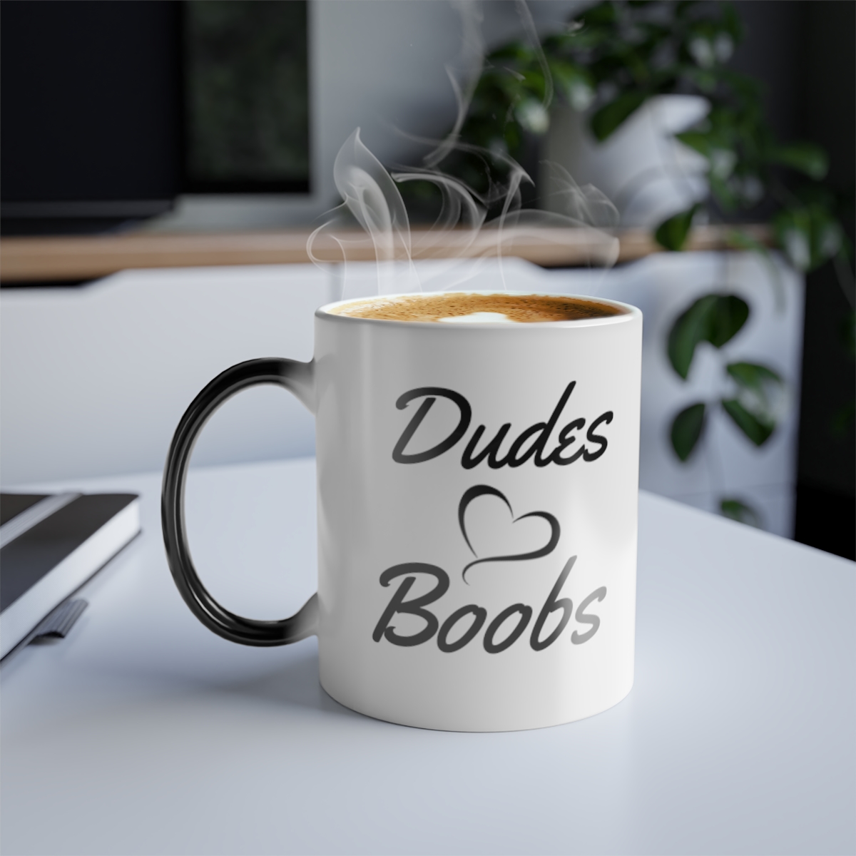 Coffee Mug, 11oz, DUDES LOVE BOOBS brand, two sided, cursive, earth logo