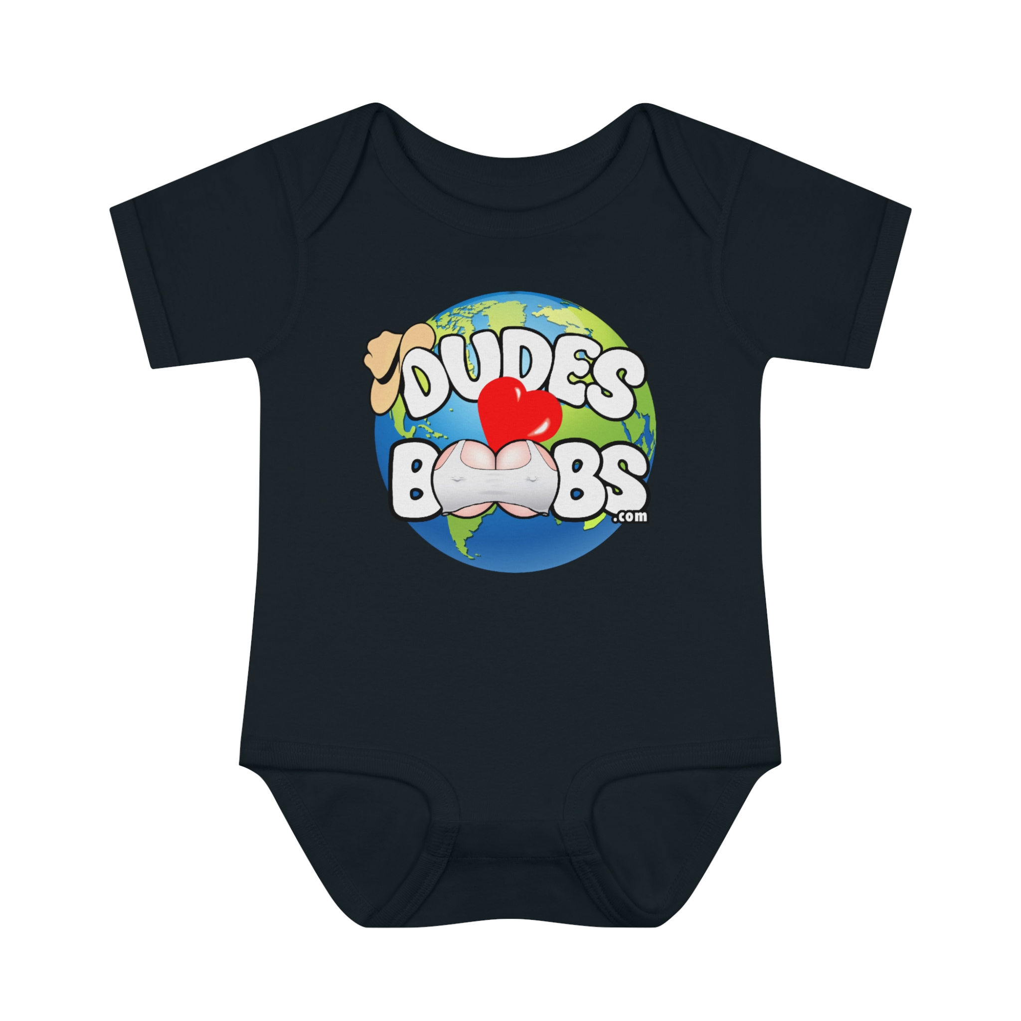 Infant Baby Rib Bodysuit, DUDES LOVE BOOBS brand, earth logo,