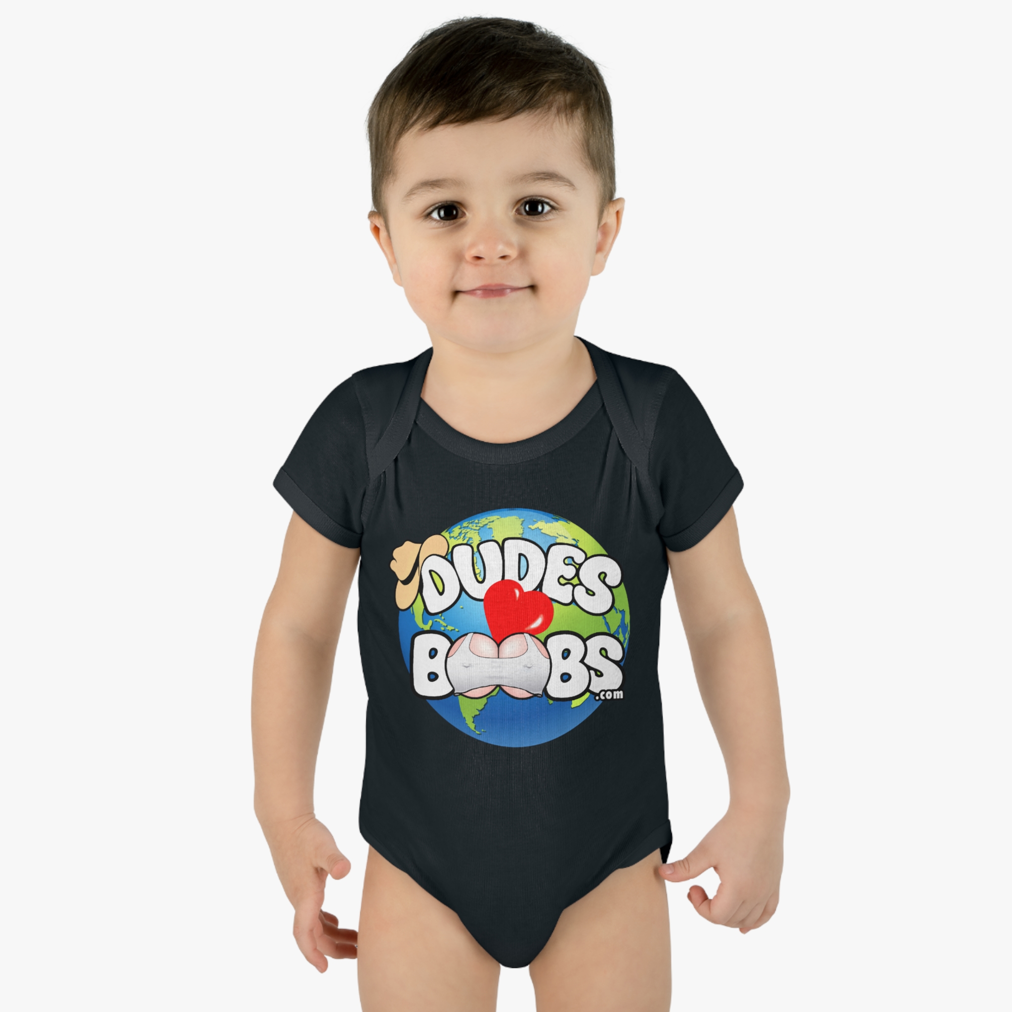 Infant Baby Rib Bodysuit, DUDES LOVE BOOBS brand, earth logo, - Image 3