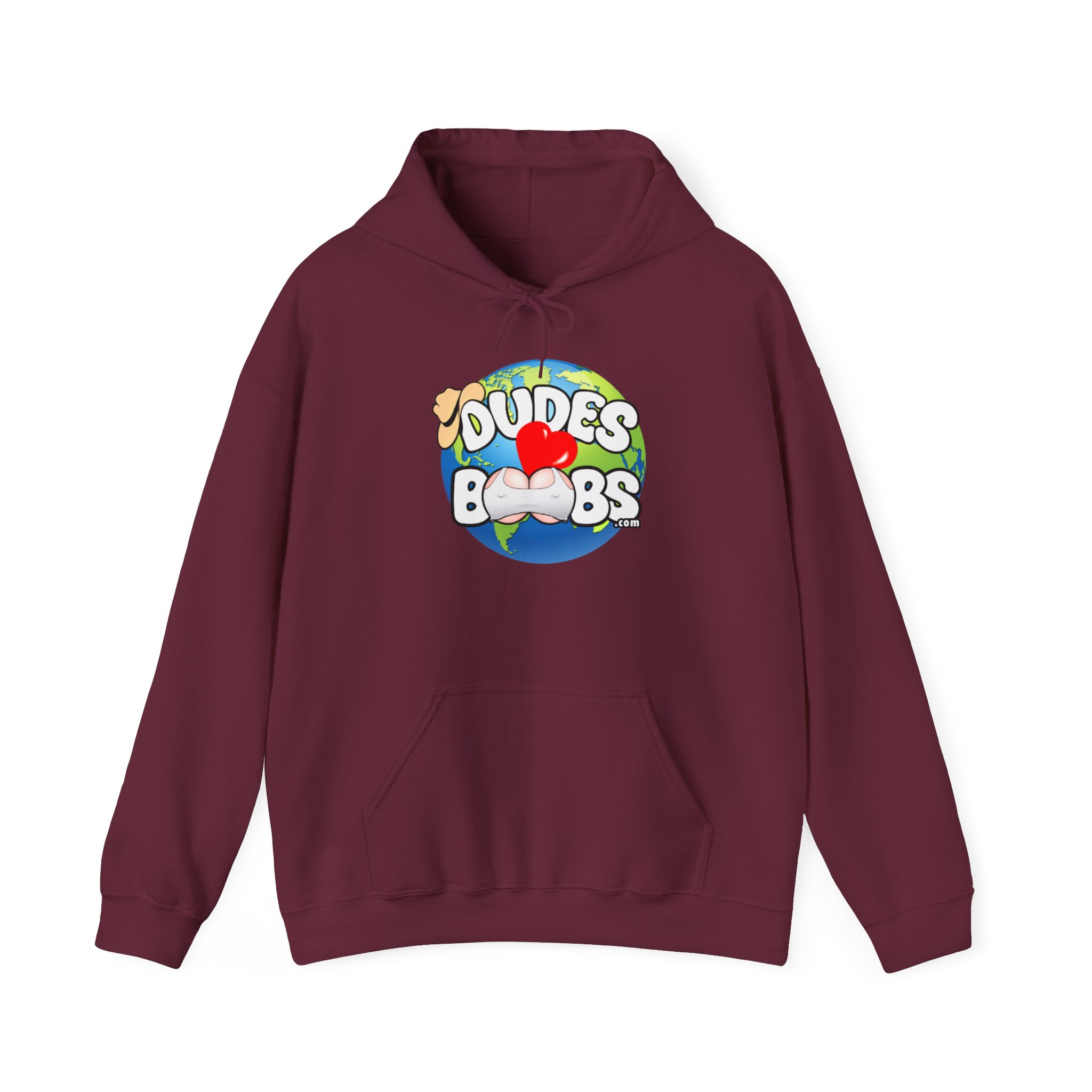 Unisex Heavy Blend™ Hooded Sweatshirt, DUDES LOVE BOOBS brand, earth logo